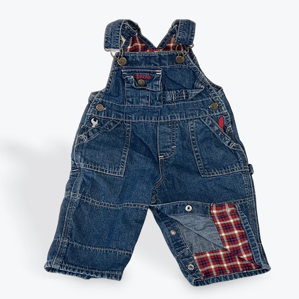 OshKosh B'gosh Blue Overalls with Red Plaid Details size 3/6 months